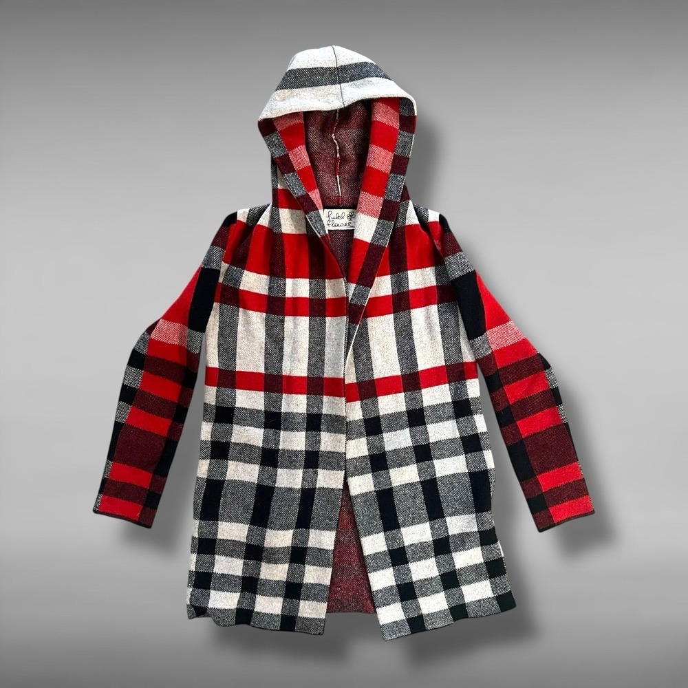 Anthropolgie Field & Flower Cressida Hooded Wool Sweater Red Plaid Size XS